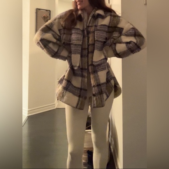 Plaid Women's Jacket in Cream and Blue | Shacket - Picture 7 of 11